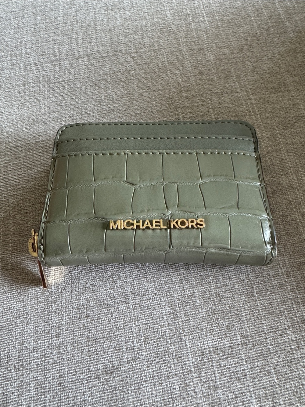 Michael Kors Olive Croc-Embossed Zip Card Holder